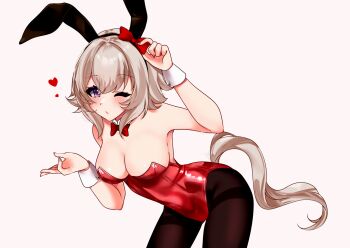 1girl animal_ears bare_shoulders black_hairband black_pantyhose blowing_kiss blush bow breasts cleavage commentary_request curren_chan_(umamusume) detached_collar ear_bow ear_covers grey_hair hair_between_eyes hairband heart highres horse_girl horse_tail ladle large_breasts leaning_forward leotard looking_at_viewer one_eye_closed pantyhose parted_lips playboy_bunny purple_eyes rabbit_ears red_bow red_leotard reianly short_hair simple_background solo tail umamusume white_wrist_cuffs wrist_cuffs