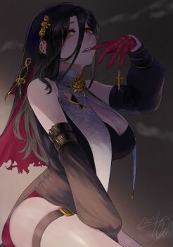 1girl bare_shoulders black_hair black_veil breasts brown_hair cleavage coif colored_inner_hair commentary_request cross eyes_visible_through_hair hair_ornament hair_over_one_eye highres large_breasts long_hair looking_at_viewer multicolored_hair nekotokage nijisanji nun nun_headdress open_mouth orange_eyes red_hair shirayuki_tomoe solo veil virtual_youtuber