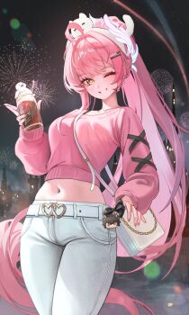 1girl absurdres aemeath_(wuthering_waves) aerial_fireworks ahoge alternate_costume bag breasts bubble99 charm_(object) commentary_request cup denim drinking_glass fingernails fireworks highres holding holding_cup jeans large_breasts long_hair long_sleeves looking_at_viewer male_rover_(wuthering_waves) midriff nail_polish navel night one_eye_closed orange_eyes outdoors overlighting pants pink_nails pink_sweater ponytail rover_(wuthering_waves) smile solo star-shaped_pupils star_(symbol) sweater symbol-shaped_pupils white_bag white_pants wuthering_waves
