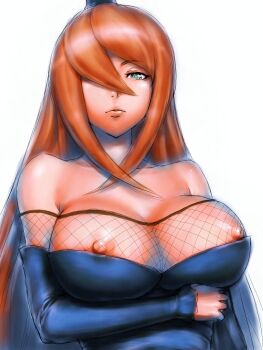 Rule 34 | 1girl, bare shoulders, breast hold, breasts, crossed arms, detached sleeves, female focus, fishnet top, fishnets, fumio (rsqkr), green eyes, hair over one eye, huge breasts, lips, long hair, looking at viewer, naruto (series), naruto shippuuden, nipple slip, nipples, orange hair, puffy nipples, red eyes, red hair, solo, swept bangs, terumi mei, upper body