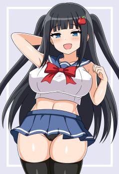 1girl :d absurdres apple_hair_ornament arm_up bare_arms black_panties black_thighhighs blue_eyes blue_skirt blunt_bangs blush breasts cameltoe clothes_lift collarbone commentary_request food-themed_hair_ornament grey_background hair_ornament highres large_breasts long_hair navel open_mouth original panties pleated_skirt school_uniform shirt simple_background skirt sleeveless sleeveless_shirt smile solo tankuro_uri thighhighs two_side_up underwear variant_set white_background white_shirt