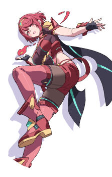 1girl animal_ears blush boots breasts fire full_body highres huanxiang_huifeng impossible_clothes large_breasts open_mouth pyra_(xenoblade) red_boots red_eyes red_hair red_shorts red_thighhighs short_hair shorts simple_background skin_tight solo thighhighs tiara white_background xenoblade_chronicles_(series) xenoblade_chronicles_2