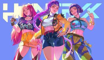 3girls artist_name bare_shoulders black_shorts blue_background braid braided_ponytail breasts brown_eyes choker commentary cowboy_shot crop_top double_bun earrings english_commentary fingerless_gloves glint gloves grin hair_bun hand_on_own_hip highres jacket jewelry kpop_demon_hunters large_breasts looking_at_viewer mira_(kpop_demon_hunters) multicolored_pants multiple_girls necklace pants pink_hair purple_hair ring rumi_(kpop_demon_hunters) short_hair shorts sidelocks skirt smile thighs turtleneck twintails watermark web_address xredmhar yellow_jacket yellow_pants yellow_skirt zoey_(kpop_demon_hunters)