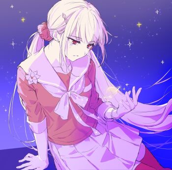 Rule 34 | 1dahesss, 1girl, alternate hair color, black hair, commentary request, danganronpa (series), danganronpa v3: killing harmony, grey sailor collar, grey skirt, harukawa maki, korean commentary, long hair, mole, mole under eye, red eyes, red shirt, red thighhighs, sailor collar, shirt, sitting, skirt, solo, star (sky), tearing up, thighhighs, very long hair, white hair