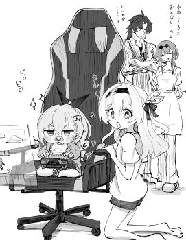1boy 3girls 6sakuu absurdres apron black_hairband black_necktie black_ribbon blade_(honkai:_star_rail) blush chair firefly_(honkai:_star_rail) gaming_chair grey_hair greyscale hair_between_eyes hair_intakes hair_ornament hair_ribbon hairband highres honkai:_star_rail honkai_(series) kafka_(honkai:_star_rail) long_hair monochrome multiple_girls necktie open_mouth pacifier ribbon silver_wolf_(honkai:_star_rail) sunglasses swivel_chair white_apron