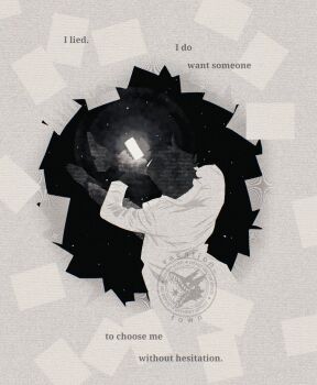 1boy coat english_text from_above full_body glowing_object greyscale hashtag-only_commentary highres holding holding_phone kim_dokja looking_at_phone male_focus monochrome omniscient_reader's_viewpoint open_clothes open_coat phone short_hair sitting sky star_(sky) starry_sky symbolism too_many_papers vacation_town