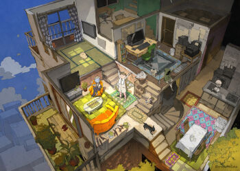 1boy 1girl 1other armchair arms_up brown_hair chair commentary_request computer_keyboard couch cross-section demizu_posuka desk door flower_pot grey_hair indoors isometric long_hair monitor original plant potted_plant printer scenery sitting stairs standing swivel_chair tatami television