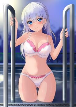 Rule 34 | 1girl, 3:, absurdres, bare arms, blue eyes, blunt ends, blush, bra, breasts, cameltoe, cleavage, closed mouth, collarbone, commentary request, commission, cowboy shot, curvy, embarrassed, eyes visible through hair, frown, furrowed brow, gluteal fold, hair between eyes, hair ornament, hairclip, head tilt, highres, kisaragi setsu (mssk8485), large breasts, long hair, looking at viewer, naruse shiroha, navel, night, outdoors, paid reward available, panties, pixiv commission, pool, see-through clothes, see-through bra, see-through panties, shiny skin, sidelighting, skeb commission, solo, standing, stomach, straight-on, straight hair, summer pockets, tearing up, thigh gap, thighs, underwear, variant set, wading, wet, wet bra, wet clothes, wet panties, white bra, white hair, white panties