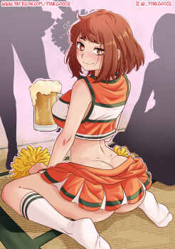 1girl alcohol artist_name ass beer beer_mug boku_no_hero_academia breasts brown_eyes brown_hair butt_crack cheerleader commentary crop_top cup dimples_of_venus drink drunk english_commentary gurinsensei highres holding holding_drink large_breasts looking_at_viewer looking_back mug no_shoes orange_skirt patreon_username pink_pupils pom_pom_(cheerleading) short_hair sitting skirt sleeveless socks solo_focus tatami twitter_username twitter_x_logo u.a._cheerleader_uniform uraraka_ochako wariza white_socks