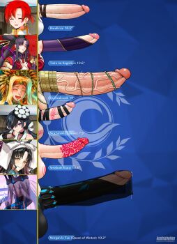 6+futa absurdres artist_name black_hair blonde_hair boudica_(fate) character_name closed_eyes commentary earrings english_commentary eyepatch face_piercing fate/grand_order fate_(series) futanari grey_hair highres huge_penis jewelry kushishekku labret_piercing looking_at_viewer mochizuki_chiyome_(fate) mochizuki_chiyome_(second_ascension)_(fate) morgan_le_fay_(fate) multiple_futa multiple_girls open_mouth patreon_username penis penis_chart penis_size_difference piercing ponytail precum quetzalcoatl_(fate) red_hair sessyoin_kiara sessyoin_kiara_(heaven&#039;s_hole) sessyoin_kiara_(swimsuit_mooncancer)_(third_ascension) smile taira_no_kagekiyo_(fate) testicles tongue uncensored ushiwakamaru_(fate) veil veins veiny_penis watermark yellow_eyes