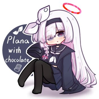 1girl black_choker black_coat black_eyes black_hairband black_pantyhose black_sailor_collar black_serafuku black_shirt black_skirt blue_archive blush braid character_name chibi chinese_commentary choker closed_mouth coat colored_inner_hair commentary_request eyes_visible_through_hair full_body grey_eyes hair_over_one_eye hair_ribbon hairband halo jacket knees_up long_hair long_sleeves looking_at_viewer multicolored_hair neckerchief no_shoes nuansede_kekeya open_clothes open_coat open_jacket pantyhose pink_hair plana_(blue_archive) pleated_skirt red_halo red_pupils ribbon sailor_collar school_uniform serafuku shirt side_braid single_braid sitting skirt sleeves_past_fingers sleeves_past_wrists solo two-tone_hair very_long_hair white_background white_hair white_neckerchief white_ribbon