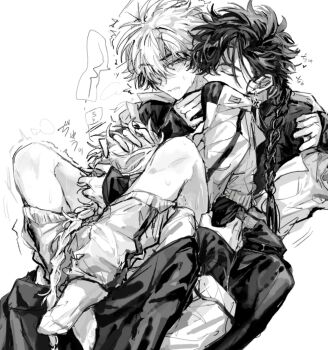 3boys anal bite_mark blush boy_sandwich braid braided_ponytail clone clone_harem closed_eyes clothes_grab clothes_pull coat coat_on_shoulders collared_shirt dual_persona earrings fellatio greyscale group_sex hands_on_another's_head highres hug hug_from_behind implied_fellatio implied_sex jacket jewelry kiss kissing_neck leg_lock long_hair long_sleeves looking_at_another male_focus messy_hair mmm_threesome monochrome multiple_boys off_shoulder oral pants pants_pull parted_lips reverse_cowgirl_position sandwiched sex sex_from_behind shiguang_dailiren shirt short_hair simple_background single_braid sitting sitting_on_lap sitting_on_person sketch sleeves_past_wrists socks speech_bubble spread_legs straddling sweat tassel tassel_earrings threesome trembling turtleneck tyoookozuki undershirt white_background xia_fei xiao_weiying yaoi