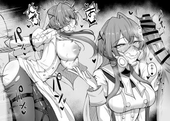 1boy 1girl absurdres bar_censor blush bouncing_breasts breasts censored clothed_sex dress erection esperanza_(shadowverse) gas_mask greyscale highres holding_another's_wrists kakankan large_breasts long_hair long_sleeves mask monochrome nipples pantyhose penis penis_awe respirator sex sex_from_behind shadowverse shadowverse:_worlds_beyond sidelocks torn_clothes torn_pantyhose veil veins veiny_penis