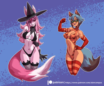 2girls alanscampos animal_ears bare_shoulders black_hair black_panties blue_hair bob_cut brand_new_animal breasts cleavage colored_skin dark-skinned_female dark_skin fox_ears fox_girl fox_tail furry furry_female halloween halloween_costume hat highres hiwatashi_nazuna kagemori_michiru long_hair multicolored_hair multiple_girls open_mouth panties pink_hair pink_skin raccoon_ears raccoon_girl raccoon_tail red_eyes short_hair shorts smile tail thighhighs trigger two-tone_hair underwear witch_hat