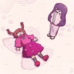 2girls animated artist_request hairdressing japanese_clothes kimono looping_animation lying madotsuki multiple_girls on_back snow snowing standing tagme twintails video yuki_onna_(yume_nikki) yume_nikki