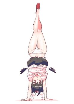 1girl bad_id bad_pixiv_id bird_girl black_hair black_skirt black_wings blush blush_stickers bra brown_eyes clothes_pull detached_wings feathered_wings full_body geta handstand hat highres leg_up legs looking_at_viewer midriff_peek non_(z-art) open_mouth panties panty_pull pom_pom_(clothes) shameimaru_aya shirt_pull short_hair skirt skirt_flip solo tengu-geta touhou underwear upside-down white_background white_bra white_panties wings