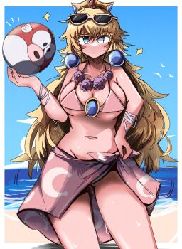 1girl armband beach bikini bird blonde_hair blue_eyes breasts cheep_cheep cloud crescent_moon crown earrings eye20806972 eyewear_on_head flower flower_necklace gluteal_fold hair_between_eyes highres jewelry large_breasts lei long_hair mario_(series) moon navel necklace nintendo pink_sarong pointed_crown princess_peach purple_flower sarong seagull sky solo sparkle sphere_earrings sunglasses super_mario_odyssey swimsuit water wet