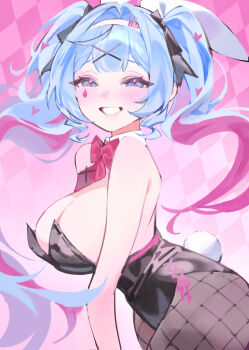1girl animal_ears bare_shoulders black_bow black_leotard blue_eyes blue_hair blush bow breasts cleavage commentary_request detached_collar eoboong facial_mark fake_animal_ears fishnet_pantyhose fishnets hair_bow hair_intakes hair_ornament hairband hatsune_miku highres huge_breasts korean_commentary leotard looking_at_viewer pantyhose playboy_bunny purple_pupils rabbit_ears rabbit_hole_(vocaloid) rabbit_tail sideboob smile solo tail teardrop_facial_mark teeth two_side_up vocaloid white_hairband x_hair_ornament