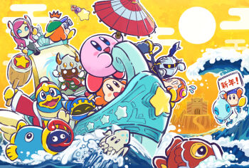 backwards_hat baseball_cap bat_wings blush_stickers camera carpa_(kirby) castle_dedede channel_ppp colored_skin commentary_request driblee egasumi fine_art_parody fish gooey_(kirby) hammer hat holding holding_camera holding_hammer horns kanagawa_okinami_ura kine_(kirby) king_dedede kirby_(series) long_tongue lor_starcutter magolor meta_knight new_year nintendo ocean_sunfish official_art oil-paper_umbrella parody pink_hair pink_skin pom_pom_(clothes) rayman_limbs shadow_kirby squishy_(kirby) susie_(kirby) taranza tidal_wave tongue tongue_out umbrella waddle_dee warp_star white_hair wings