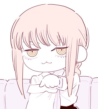 1girl :3 bag blonde_hair chainsaw_man chibi chibi_only closed_mouth deer60868637 limited_palette long_sleeves looking_at_viewer makima_(chainsaw_man) paper_bag ringed_eyes shirt sidelocks solo yellow_eyes