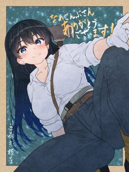 1girl absurdres arato_nagi belt black_hair blue_background blue_eyes blush border breasts brown_belt brown_border buttons closed_mouth collarbone collared_shirt condotakeshi denim earrings from_below gloves hair_between_eyes hammer highres jeans jewelry kneeling long_sleeves looking_at_viewer medium_breasts pants ruri_no_houseki shirt shoes sleeves_rolled_up smile solo stud_earrings white_gloves white_shirt