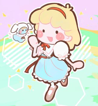 1girl alice_margatroid blonde_hair blue_skirt blush_stickers brown_shoes commentary english_commentary green_background hairband mary_janes medium_hair molly_yancey open_mouth puffy_short_sleeves puffy_sleeves purple_background red_hairband shirt shoes short_sleeves simple_background skirt solid_circle_eyes touhou white_shirt