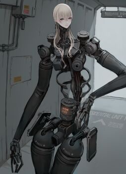 1girl absurdres android blonde_hair blue_eyes colored_skin commentary_request dystopia earrings grey_background highres jewelry jittsu long_arms looking_down mecha mecha_musume mechanical_arms mechanical_hands mechanical_legs original robot white_skin