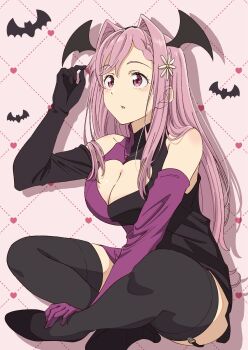 1girl asymmetrical_sleeves bare_shoulders bat_wings black_dress black_shoes black_sleeves black_thighhighs breasts cleavage cleavage_cutout clothing_cutout commentary crossed_ankles detached_sleeves dress fake_head_wings flower full_body hair_flower hair_intakes hair_ornament hand_up highres himemiya_karen large_breasts long_hair make_heroine_ga_oo_sugiru! meteor_(meteor08166) mismatched_sleeves official_alternate_costume parted_lips pink_background pink_eyes pink_hair playing_with_own_hair purple_dress purple_sleeves shoes short_dress sitting solo split-color_clothes thighhighs two-tone_dress wings