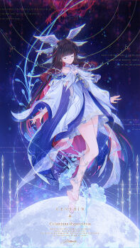 1girl ankle_ribbon black_hair bow character_name choker closed_eyes collarbone columbina_(genshin_impact) commentary_request feathered_wings genshin_impact hair_ribbon head_wings highres leg_ribbon long_sidelocks long_sleeves mokoppe multicolored_hair multiple_wings parted_lips pink_hair ribbon sidelocks solo white_bow white_choker white_mask white_ribbon white_wings wings wrist_ribbon