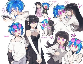 ! !! +++ 2girls ? bathrobe black-framed_eyewear black_dress black_hair black_shirt blue_hair blush bow bowtie breasts cellphone character_name cio_(ciosui) closed_eyes closed_mouth creature_and_personification crop_top cropped_hoodie dress ear_piercing english_text eyewear_on_head gir_(dog_costume)_(invader_zim) gir_(invader_zim) glasses heart highres hood hoodie invader_zim looking_at_another looking_at_viewer medium_breasts multicolored_hair multiple_girls musical_note_necklace my_little_pony my_little_pony:_friendship_is_magic navel octavia_melody off-shoulder_shirt off_shoulder open_mouth personification phone piercing pink_bow pink_bowtie pink_eyes purple-tinted_eyewear shirt short_hair smartphone smile speech_bubble spoken_question_mark tinted_eyewear vinyl_scratch white_hoodie white_shirt yuri