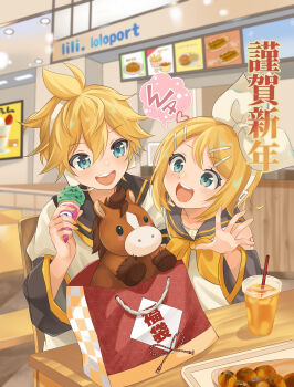 1boy 1girl absurdres bag baskin-robbins blonde_hair blue_eyes blurry blurry_background bow chair chinese_zodiac commentary_request cup detached_sleeves disposable_cup drinking_straw food hair_ornament hairclip headphones headset highres holding holding_food holding_ice_cream holding_ice_cream_cone ice_cream ice_cream_cone indoors kagamine_len kagamine_rin long_sleeves looking_down mint_chocolate nail_polish neckerchief new_year open_mouth ponytail sailor_collar shirt shopping_bag short_hair short_ponytail short_sleeves sleeveless sleeveless_shirt smile stuffed_animal stuffed_horse stuffed_toy syokorashimegi table takoyaki translation_request vocaloid year_of_the_horse