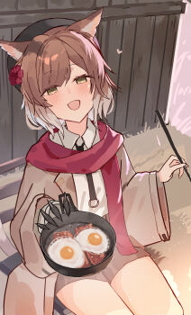 1girl :d absurdres animal_ears arknights bacon beret black_hat brown_eyes brown_hair brown_jacket brown_shorts cat_ears cat_girl cat_tail collared_shirt commentary_request flower food fried_egg frying_pan hair_flower hair_ornament half-closed_eyes hat heart highres holding jacket long_sleeves looking_at_viewer mousse_(arknights) mousse_(campfire_cooking_smoke)_(arknights) open_clothes open_jacket open_mouth red_flower shirt shorts sitting smile solo suzubotan tail white_shirt wide_sleeves