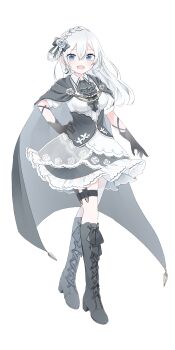 Rule 34 | 1girl, absurdres, ammunition, ascot, black ascot, black boots, black bow, black cape, black corset, black gloves, blue eyes, boots, bow, braid, breasts, bullet, cape, center frills, collared dress, commentary request, corset, crescent, crescent earrings, crown braid, double-parted bangs, dress, earrings, fang, floating hair, floral print, flower, frilled dress, frills, full body, gloves, hair between eyes, hair bow, hair flower, hair ornament, hair rings, hand on own hip, highres, jewelry, knee boots, konkave linse, kurotsuki shiro, lace-up boots, long hair, looking at viewer, medium breasts, open mouth, puffy short sleeves, puffy sleeves, rose, short dress, short sleeves, single hair ring, skin fang, solo, thigh strap, transparent background, v-iii, virtual youtuber, walking, white dress, white flower, white hair, white rose