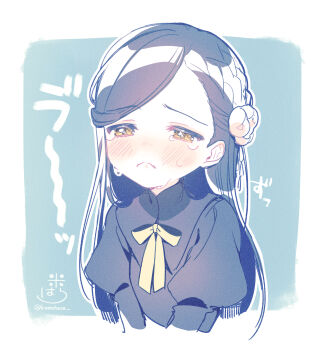 Rule 34 | 1girl, black dress, black hair, blush, bow, braid, brown eyes, closed mouth, commentary request, cropped torso, crying, crying with eyes open, dress, flower, grey background, hair flower, hair ornament, half-closed eyes, honzuki no gekokujou, juliet sleeves, long hair, long sleeves, myne (honzuki no gekokujou), nose blush, puffy sleeves, rinndouk, signature, solo, swept bangs, tears, translation request, twitter username, two-tone background, upper body, very long hair, wavy mouth, white background, white flower, yellow bow