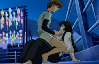 00s ane_to_boin animated animated_gif black_hair bra breasts brown_hair closed_eyes hanamaru_biwa large_breasts long_hair lowres nipples outdoors paizuri uncensored underwear