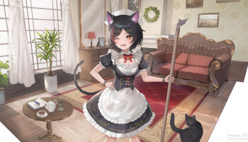 1girl animal_ear_fluff animal_ears apron black_dress black_hair bracelet breasts cat cat_ears cat_girl cat_tail cleaning cleavage cost_(kftf4582) couch cup dress fang hand_on_own_hip indoors jewelry large_breasts looking_at_viewer maid maid_apron maid_headdress neck_bell one_eye_closed plant red_hair red_ribbon ribbon smilr spiked_bracelet spikes tail teacup teapot window wink yellow_eyes