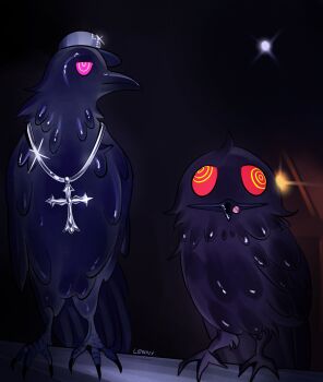 absurdres animalization bird black_hat chainsaw_man cogumelodejeans cross cross_necklace crow fami_(chainsaw_man) hat highres jewelry necklace no_humans owl photo-referenced purple_eyes red_eyes ringed_eyes war_devil_(chainsaw_man)