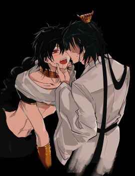 2boys after_kiss arabian_clothes black_background black_hair blue_hair blush bracer braid chinese_clothes chinese_commentary crop_top face-to-face faceless fang grabbing_another&#039;s_chin hair_ornament hand_on_another&#039;s_chin hand_on_another&#039;s_face highres jewelry judal long_hair looking_at_another magi_the_labyrinth_of_magic male_focus meng_ziya midriff multiple_boys navel neck_ring open_mouth red_eyes ren_hakuryuu robe saliva saliva_trail shawl short_hair short_sleeves simple_background single_braid stomach sweatdrop toned toned_male tongue wand white_robe yaoi