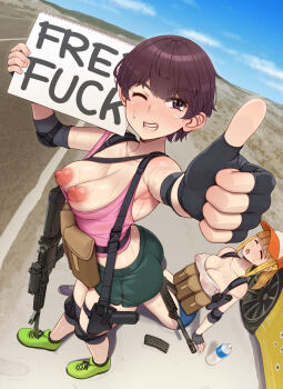 2girls abubu baseball_cap black_gloves blonde_hair blunt_bangs breasts brown_eyes brown_hair camisole closed_eyes elbow_pads english_text fingerless_gloves free_sex_sign gloves gun hat highres hitchhiking knee_pads large_breasts long_hair medium_breasts mixed-language_commentary multiple_girls nipples one_eye_closed open_mouth original outdoors pink_tank_top short_hair shorts smile standing sweat tank_top weapon white_camisole