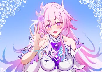 1girl absurdres bare_shoulders blue_background blush breasts commentary_request cyrene_(honkai:_star_rail) cyrene_(ripples_of_past_reverie)_(honkai:_star_rail) diamond-shaped_pupils diamond_(shape) dress flower hair_flower hair_ornament highres honkai:_star_rail honkai_(series) large_breasts long_hair looking_at_viewer memeiradesuyo multicolored_hair open_mouth pink_hair pointy_ears purple_eyes purple_hair solo symbol-shaped_pupils upper_body very_long_hair white_dress white_hair