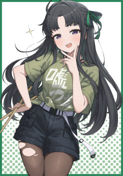 1girl ahoge awa_subaru black_pantyhose black_ribbon black_shorts blush border commentary drumsticks girls_band_cry green_border green_shirt hair_ribbon highres holding holding_drumsticks hopeful_wharf long_hair open_mouth outside_border pantyhose pantyhose_under_shorts parted_bangs ribbon shikai_no_sumi_kuchiru_oto shirt short_sleeves shorts sidelocks solo teeth tied_shirt torn_clothes torn_pantyhose upper_teeth_only v v_over_mouth