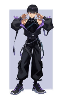 1boy 8083_blue black_hair black_pants black_shirt border bowl_cut chain character_name closed_mouth commentary_request full_body highres hoshina_soshiro kaijuu_no._8 looking_at_viewer male_focus o-ring pants puffy_sleeves red_eyes ribbed_socks shirt shoes short_hair smile sneakers socks solo techwear white_border