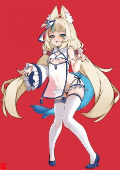 1girl absurdres animal_ear_fluff animal_ears blonde_hair blue_eyes blue_hair blue_nails blue_panties blue_shoes breasts cat_ears china_dress chinese_clothes commentary dress fins fish_girl fish_tail full_body high_heels highres indie_virtual_youtuber jiangshi_costume johnny_(braun-kan_cafe) lifebuoy_hair_ornament long_hair low_twintails md5_mismatch multicolored_hair nail_polish navel ofuda ofuda_on_head one_side_up open_mouth outstretched_arms panties pelvic_curtain red_background revision sameko_saba shoes small_breasts solo streaked_hair tail thighhighs twintails two-tone_hair underboob underwear virtual_youtuber white_dress white_thighhighs zombie_pose