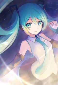 Rule 34 | 1girl, aqua eyes, aqua hair, aqua necktie, aqua trim, arm at side, black skirt, black sleeves, blonde hair, breasts, closed mouth, collared shirt, colored tips, commentary, cowboy shot, detached sleeves, diamond in eye, double-parted bangs, frilled shirt, frills, from above, hair between eyes, hair ornament, hand up, hatsune miku, hatsune miku (vocaloid4), headphones, highres, kurage natsume, long hair, long sleeves, looking at viewer, miku day, miniskirt, multicolored eyes, multicolored hair, necktie, pleated skirt, purple background, shirt, simple background, skirt, sleeveless, sleeveless shirt, small breasts, smile, solo, standing, tareme, twintails, two-tone eyes, underlighting, very long hair, vocaloid, white shirt, yellow eyes