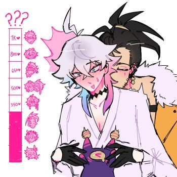 2boys ? ?? axel_syrios banzoin_hakka beard_stubble black_gloves black_hair blue_eyes blue_hair blush chart closed_eyes collarbone commentary creature crimzon_ruze diamond_choker earrings embarrassed eyelashes eyeshadow facial_hair full-face_blush fur-trimmed_jacket fur_trim gavis_bettel gavis_bettel_(1st_costume) gloves goldbullet grey_hair hair_between_eyes heterochromia highres holding holding_creature holostars holostars_english jacket jewelry josuiji_shinri jurard_t_rexford kiss_chart kissing_shoulder long_hair machina_x_flayon makeup male_focus medium_hair multicolored_hair multiple_boys multiple_drawing_challenge octavio open_mouth orange_jacket phantom_(gavis_bettel) pink_eyes pink_eyeshadow pink_hair ponytail regis_altare shirt softobunny stubble surprised symbol-only_commentary tassel tassel_earrings trembling twitter_strip_game_parody upper_body virtual_youtuber white_background wide-eyed