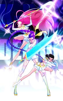 Rule 34 | 3girls, absurdres, black hair, body markings, boots, braid, braided ponytail, copyright name, cropped jacket, double bun, epaulettes, facial mark, floating hair, full body, hair bun, hashtag-only commentary, high heel boots, high heels, highres, holding, holding polearm, holding sword, holding weapon, kpop demon hunters, long hair, looking at viewer, mira (kpop demon hunters), multiple girls, pink hair, polearm, purple hair, rumi (kpop demon hunters), short bangs, shorts, sidelocks, smile, sword, weapon, white boots, white shorts, yuzikoz mega, zoey (kpop demon hunters)