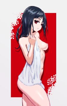 1girl absurdres black_hair breasts cowboy_shot eyelashes from_side hand_up highres holding holding_towel kaguya-sama_wa_kokurasetai_~tensai-tachi_no_renai_zunousen~ lewdbroccoli long_hair looking_at_viewer looking_to_the_side medium_breasts naked_towel navel nipples original parted_lips red_eyes shinomiya_kaguya sideways_glance solo teeth towel wet