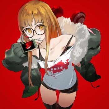 Rule 34 | 10s, 1girl, bad id, bad twitter id, brown eyes, glasses, gzm, jacket, long hair, orange hair, persona, persona 5, red background, sakura futaba