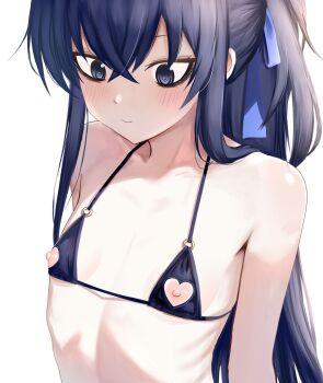 Rule 34 | 1girl, armpits, black hair, blue archive, blue eyes, blush, breasts, highres, long hair, nipples, simple background, small breasts, solo, ui (blue archive), ui (swimsuit) (blue archive), white background, zjsmqjjj