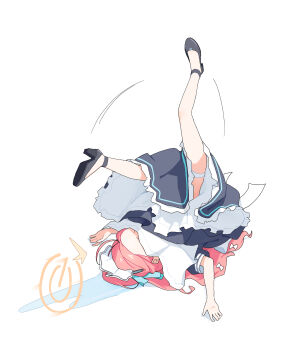 1girl ^^^ absurdres accident adon_(dufaladanidu) antenna_hair apron aqua_ribbon black_dress black_shoes blue_archive borrowed_clothes bow commentary covered_face dress fallen_down falling forehead frilled_dress frills full_body hair_bow hair_ribbon halo high_heels highres legs_up long_hair maid_headdress motion_lines official_alternate_costume panties power_symbol puffy_short_sleeves puffy_sleeves red_hair ribbon shoes short_sleeves simple_background solo symbol-only_commentary underwear upside-down water white_apron white_background white_bow white_headdress white_panties yellow_halo yuzu_(blue_archive) yuzu_(maid)_(blue_archive)